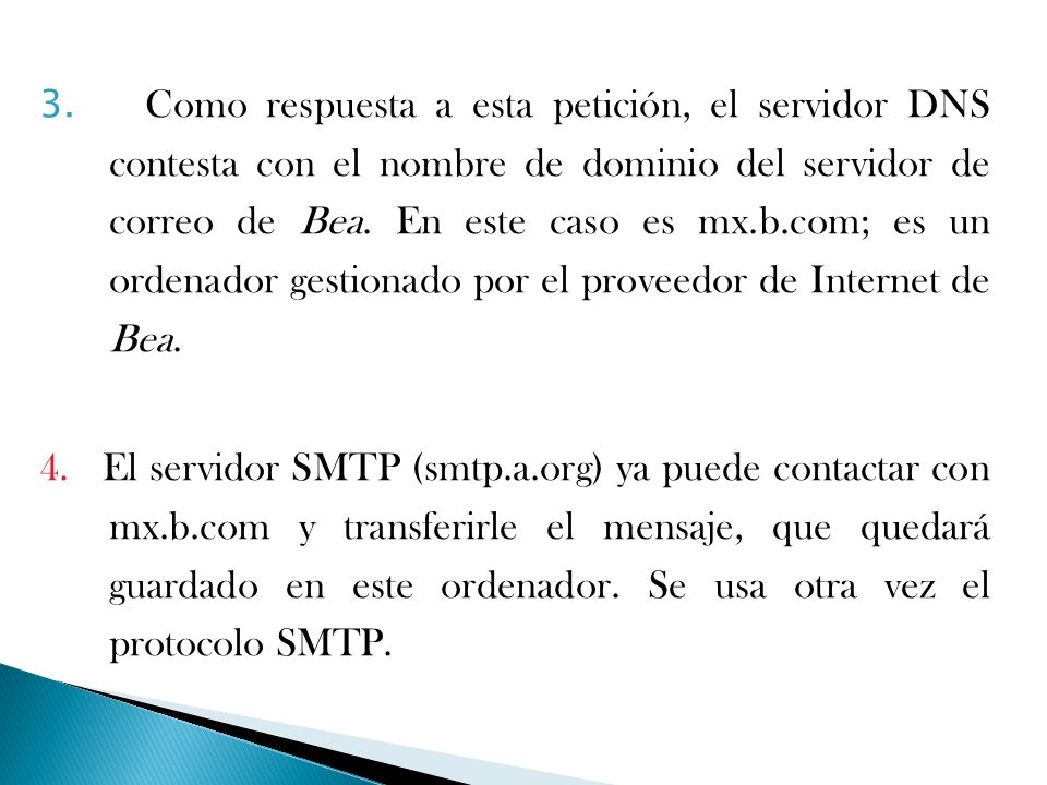 3. Como respuesta a esta petición, el servidor DNS contesta con el nombre de dominio del servidor de correo de Bea. En este caso es mx.b.com; es un ordenador gestionado por el proveedor de Internet de Bea.