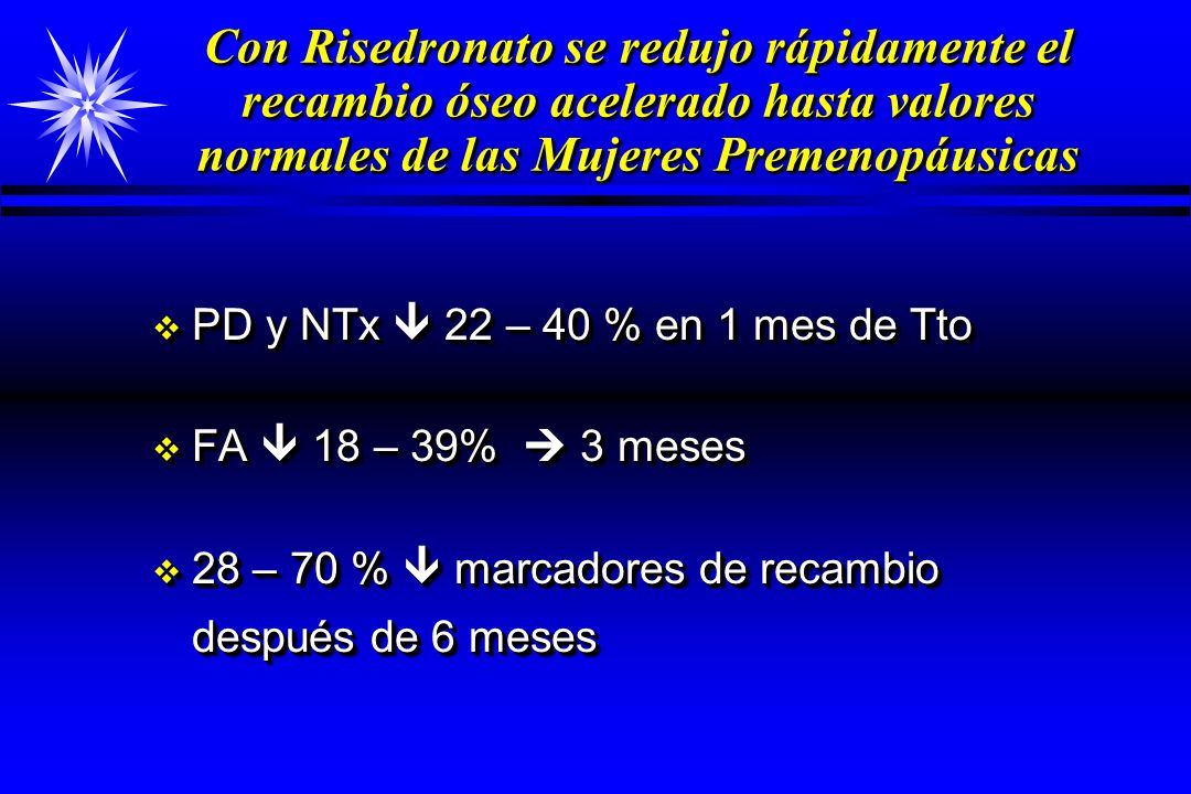 Con Risedronato se redujo rápidamente el recambio óseo acelerado hasta valores normales de las Mujeres Premenopáusicas