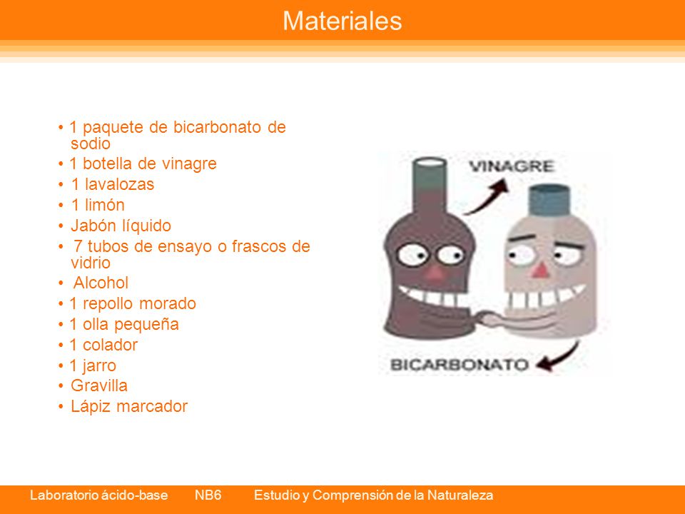 Materiales • 1 paquete de bicarbonato de sodio • 1 botella de vinagre