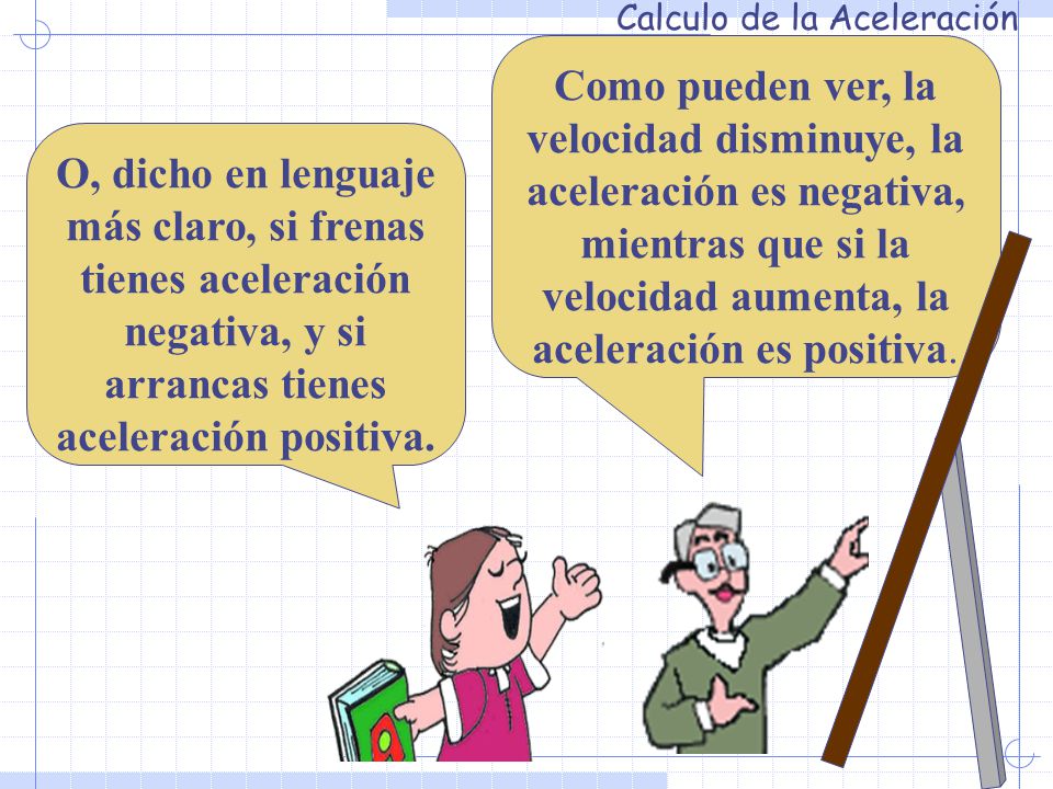 Como pueden ver, la velocidad disminuye, la aceleración es negativa, mientras que si la velocidad aumenta, la aceleración es positiva.