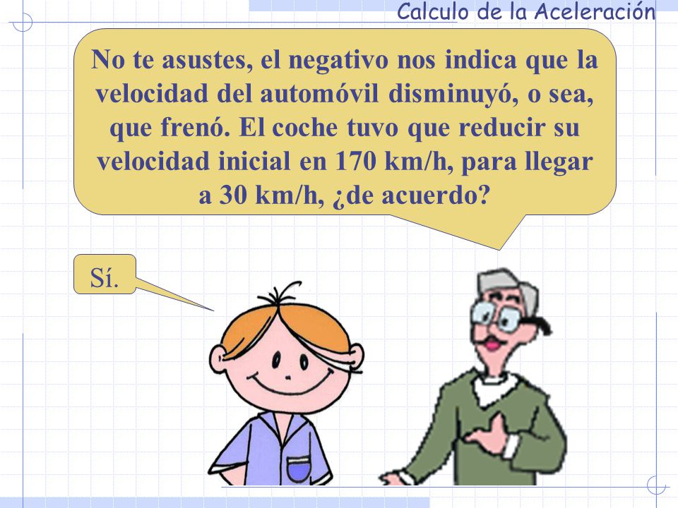 No te asustes, el negativo nos indica que la velocidad del automóvil disminuyó, o sea, que frenó. El coche tuvo que reducir su velocidad inicial en 170 km/h, para llegar a 30 km/h, ¿de acuerdo