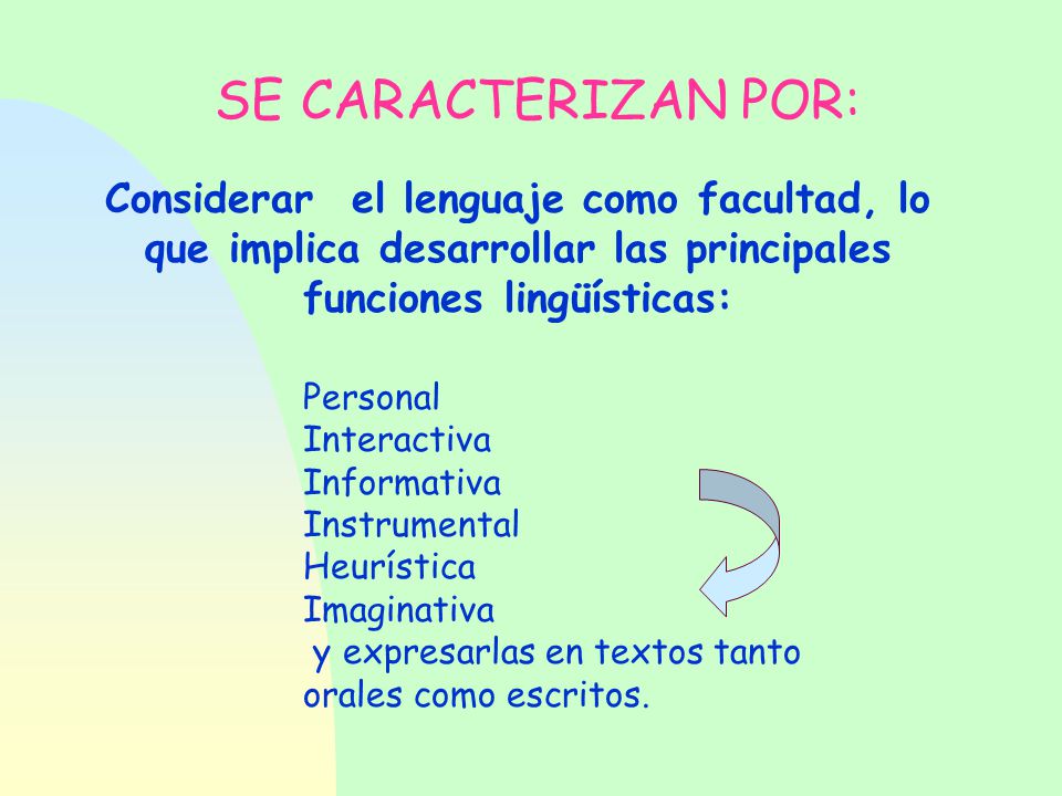 SE CARACTERIZAN POR: Considerar el lenguaje como facultad, lo que implica desarrollar las principales funciones lingüísticas: