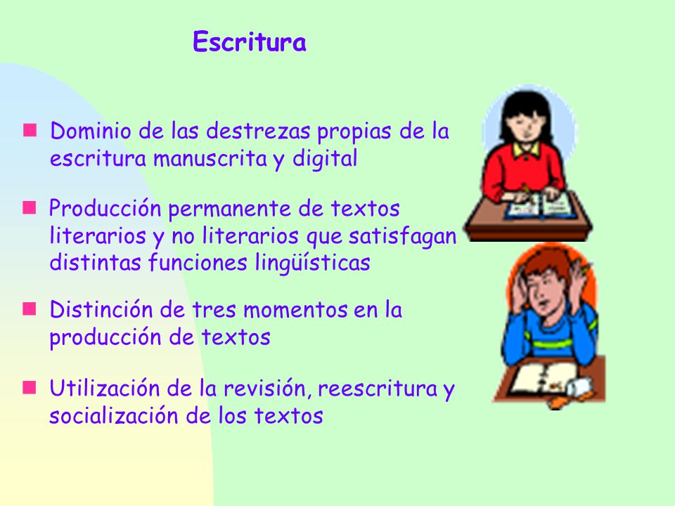 Escritura Dominio de las destrezas propias de la escritura manuscrita y digital.