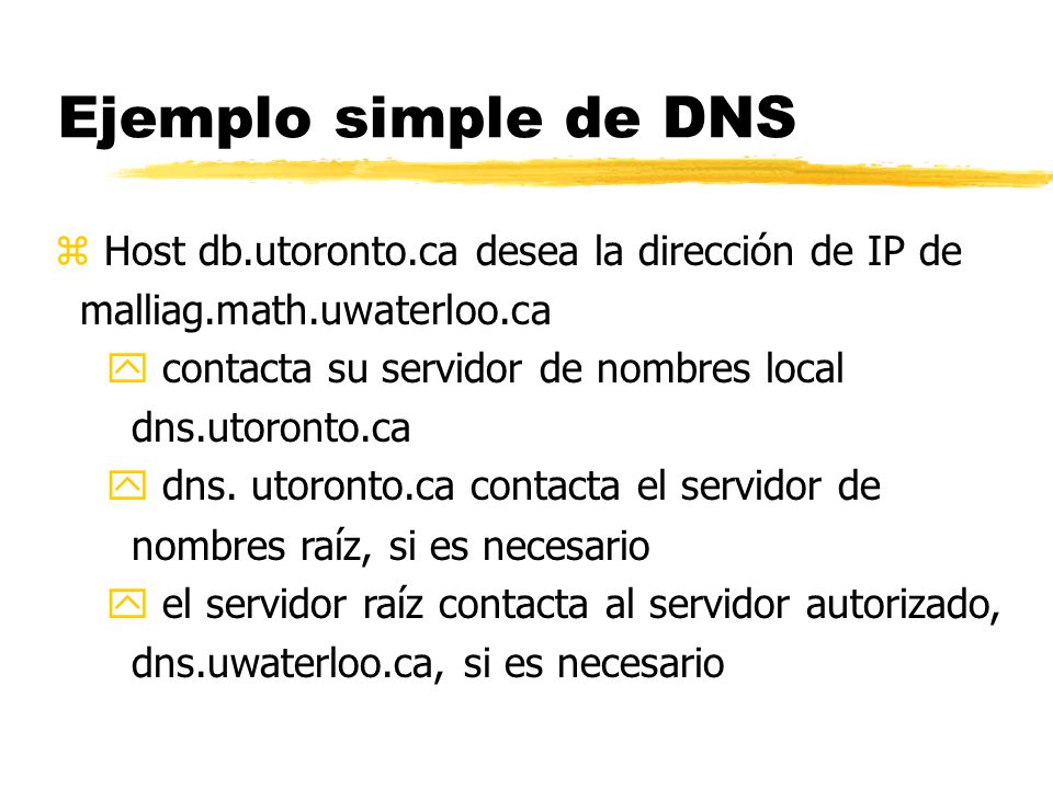 Ejemplo simple de DNS Host db.utoronto.ca desea la dirección de IP de