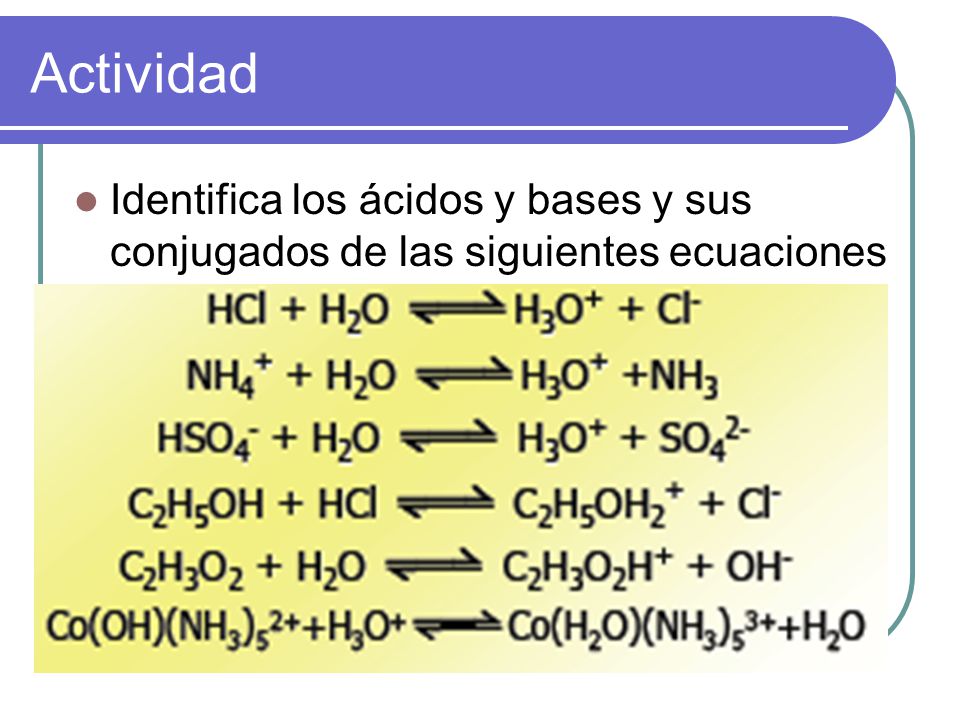 Actividad Identifica los ácidos y bases y sus conjugados de las siguientes ecuaciones