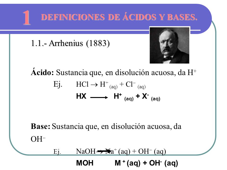 1 DEFINICIONES DE ÁCIDOS Y BASES Arrhenius (1883)