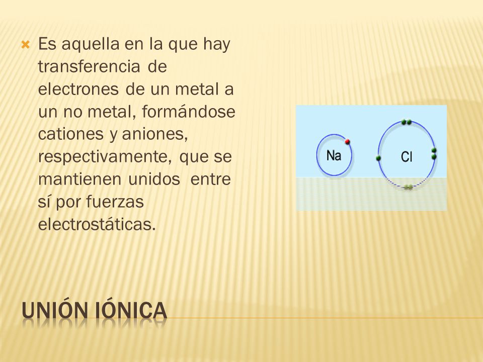 Es aquella en la que hay transferencia de electrones de un metal a un no metal, formándose cationes y aniones, respectivamente, que se mantienen unidos entre sí por fuerzas electrostáticas.