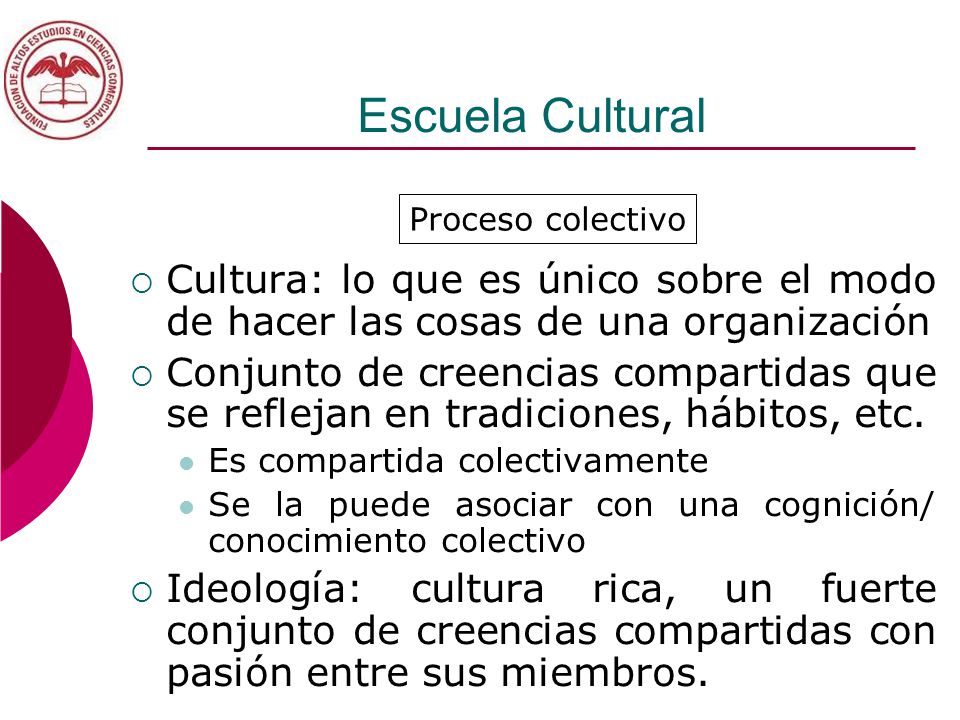 Escuela Cultural Proceso colectivo. Cultura: lo que es único sobre el modo de hacer las cosas de una organización.