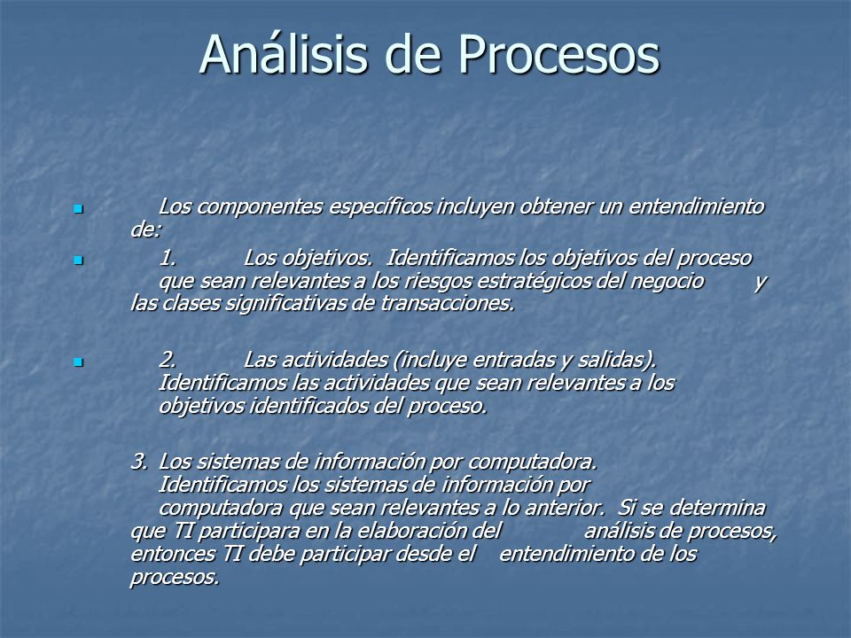 Análisis de Procesos Los componentes específicos incluyen obtener un entendimiento de: