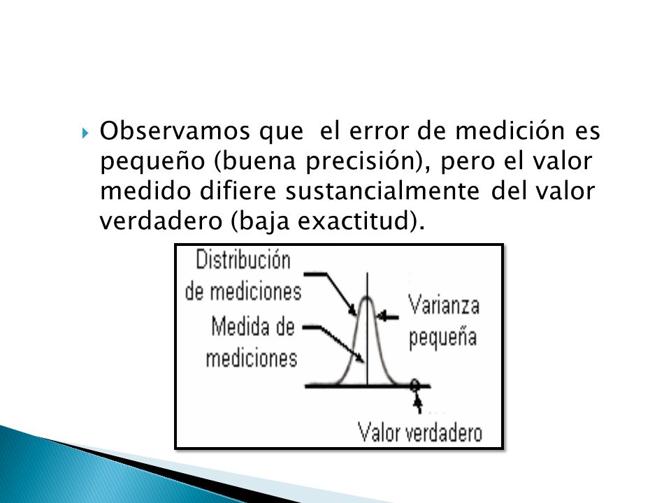 Observamos que el error de medición es pequeño (buena precisión), pero el valor medido difiere sustancialmente del valor verdadero (baja exactitud).