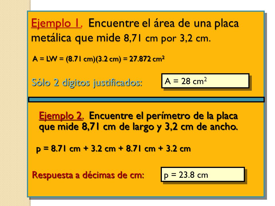 Ejemplo 1. Encuentre el área de una placa metálica que mide 8,71 cm por 3,2 cm.