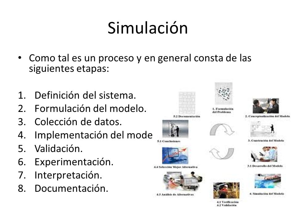 Simulación Como tal es un proceso y en general consta de las siguientes etapas: Definición del sistema.