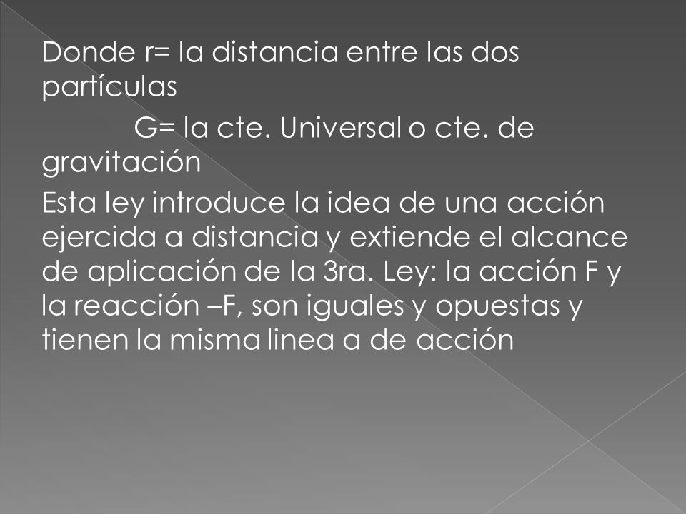 Donde r= la distancia entre las dos partículas G= la cte