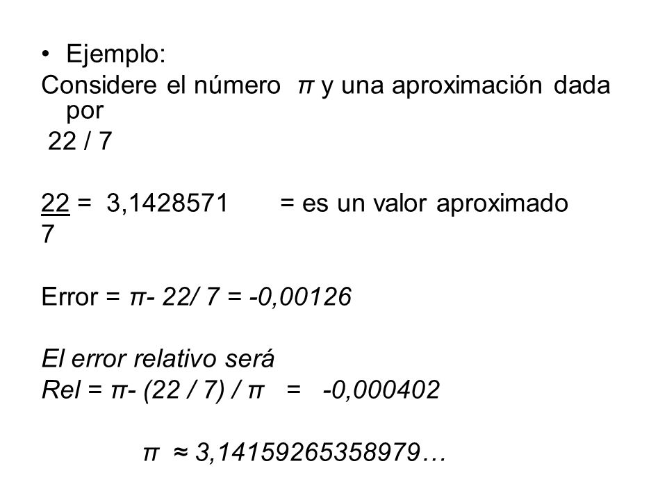Ejemplo: Considere el número π y una aproximación dada por. 22 / = 3, = es un valor aproximado.