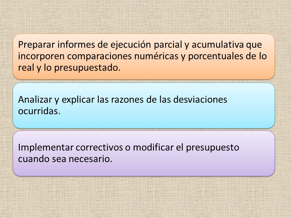 Preparar informes de ejecución parcial y acumulativa que incorporen comparaciones numéricas y porcentuales de lo real y lo presupuestado.