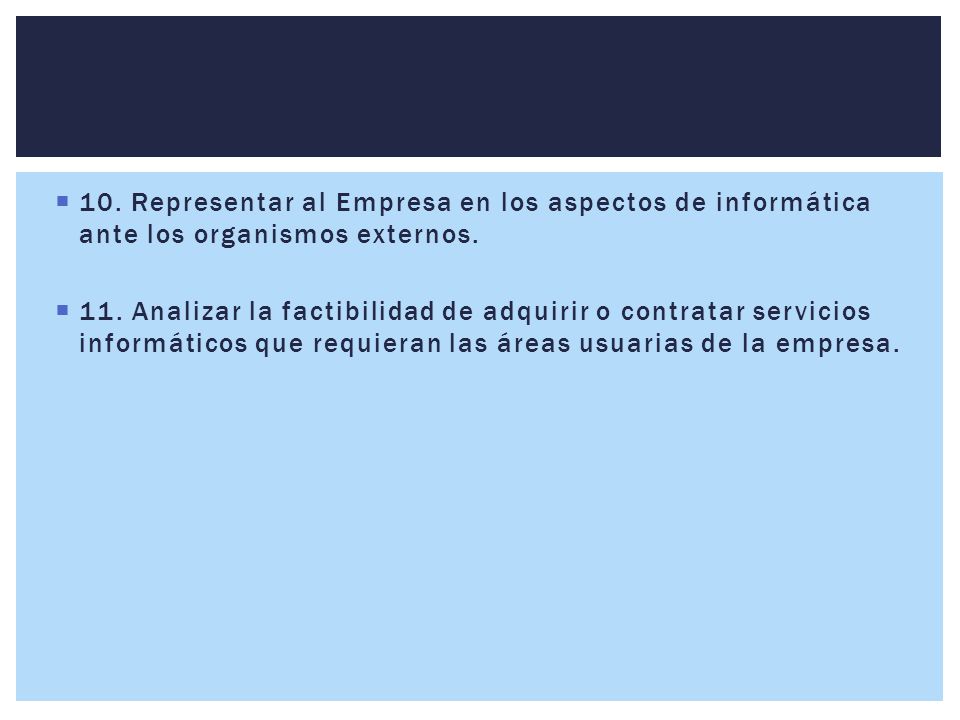 10. Representar al Empresa en los aspectos de informática ante los organismos externos.
