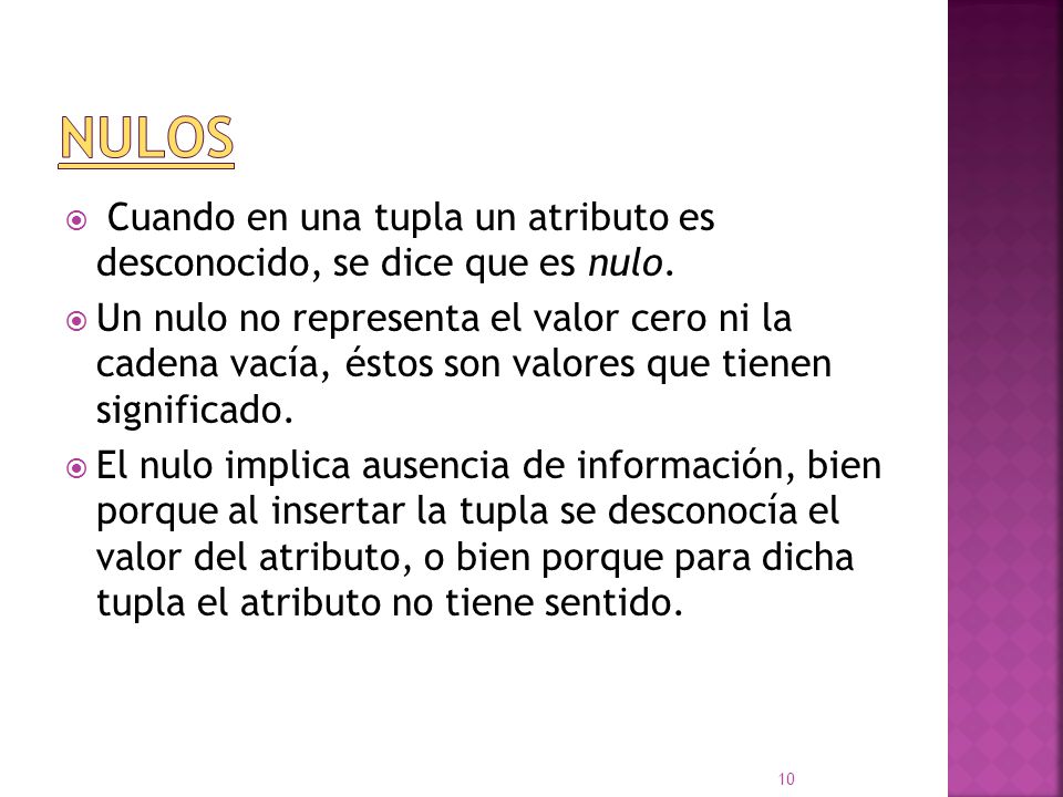 Nulos Cuando en una tupla un atributo es desconocido, se dice que es nulo.