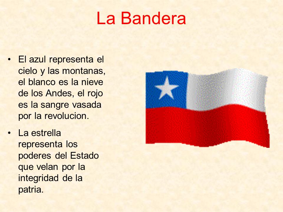 La Bandera El azul representa el cielo y las montanas, el blanco es la nieve de los Andes, el rojo es la sangre vasada por la revolucion.