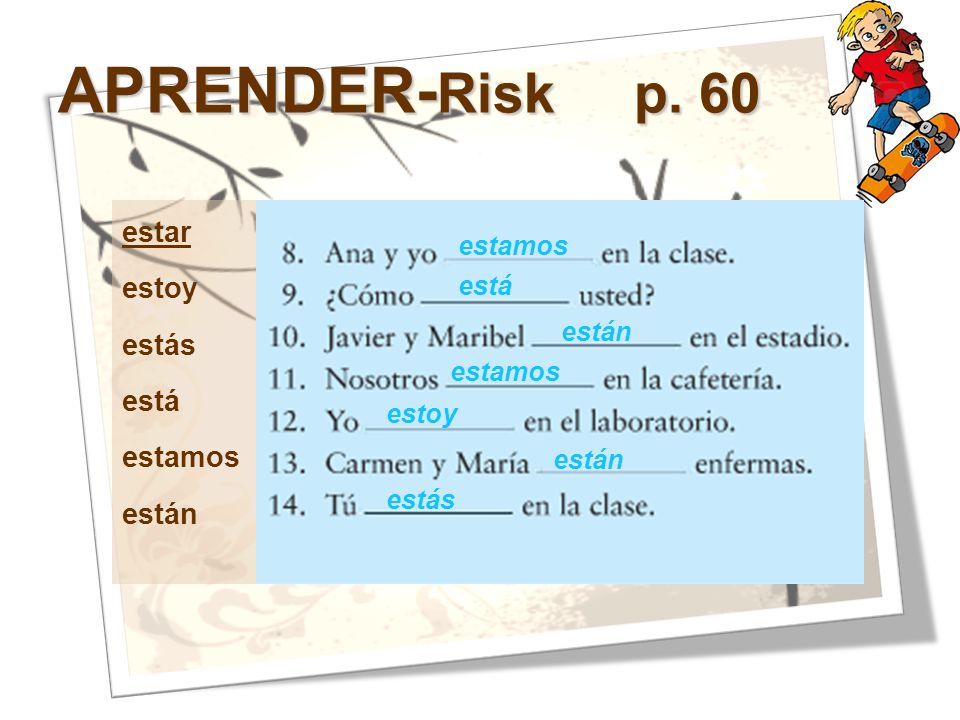 APRENDER-Risk p. 60 estar estoy estás está estamos están estamos está