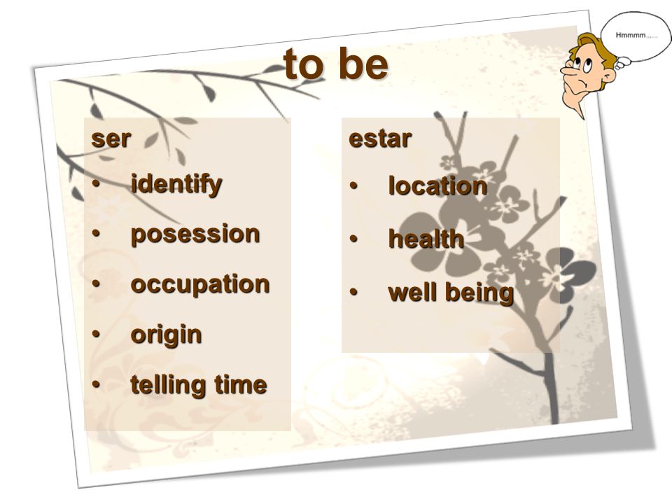 to be ser identify posession occupation origin telling time estar