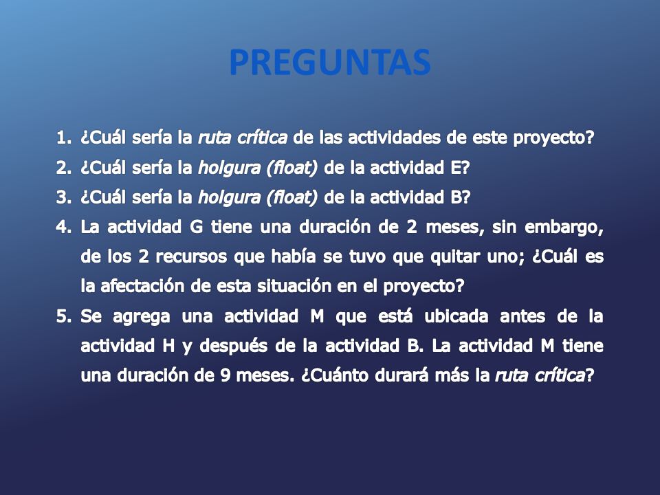 PREGUNTAS ¿Cuál sería la ruta crítica de las actividades de este proyecto ¿Cuál sería la holgura (float) de la actividad E