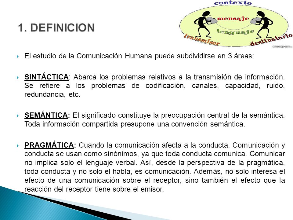 1. DEFINICION El estudio de la Comunicación Humana puede subdividirse en 3 áreas: