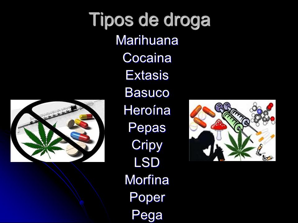 Tipos de droga Marihuana Cocaina Extasis Basuco Heroína Pepas Cripy
