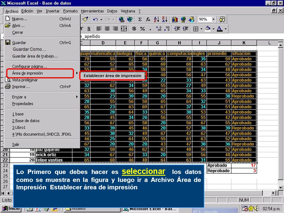 Lo Primero que debes hacer es seleccionar los datos como se muestra en la figura y luego ir a Archivo Área de Impresión Establecer área de impresión