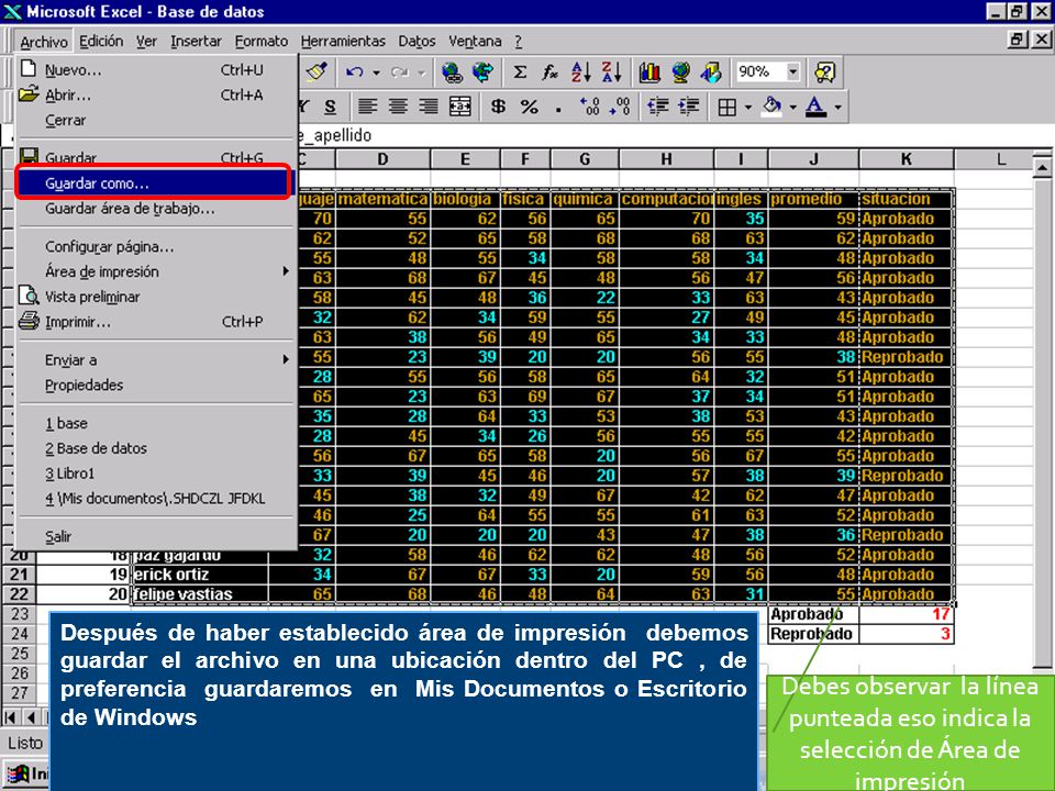 Después de haber establecido área de impresión debemos guardar el archivo en una ubicación dentro del PC , de preferencia guardaremos en Mis Documentos o Escritorio de Windows