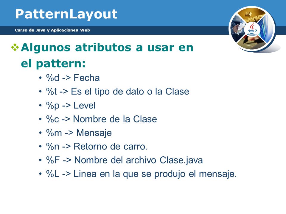 PatternLayout Algunos atributos a usar en el pattern: %d -> Fecha