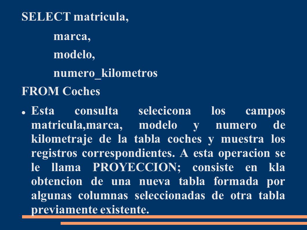 SELECT matricula, marca, modelo, numero_kilometros. FROM Coches.