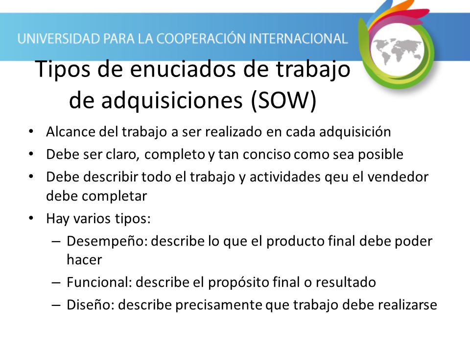 Tipos de enuciados de trabajo de adquisiciones (SOW)