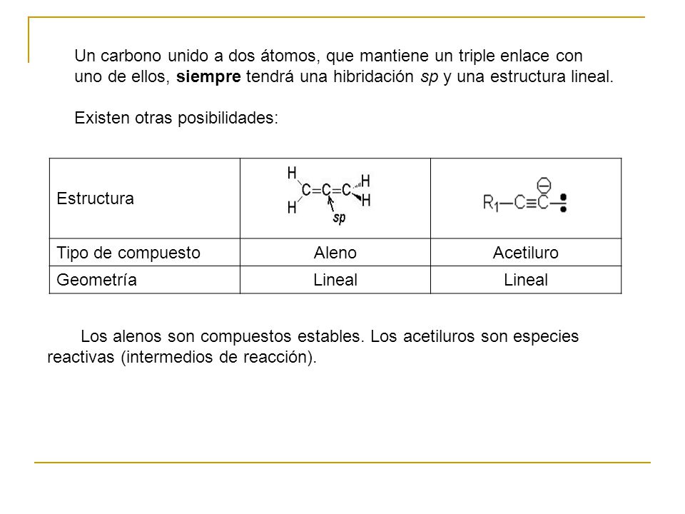 Un carbono unido a dos átomos, que mantiene un triple enlace con uno de ellos, siempre tendrá una hibridación sp y una estructura lineal.