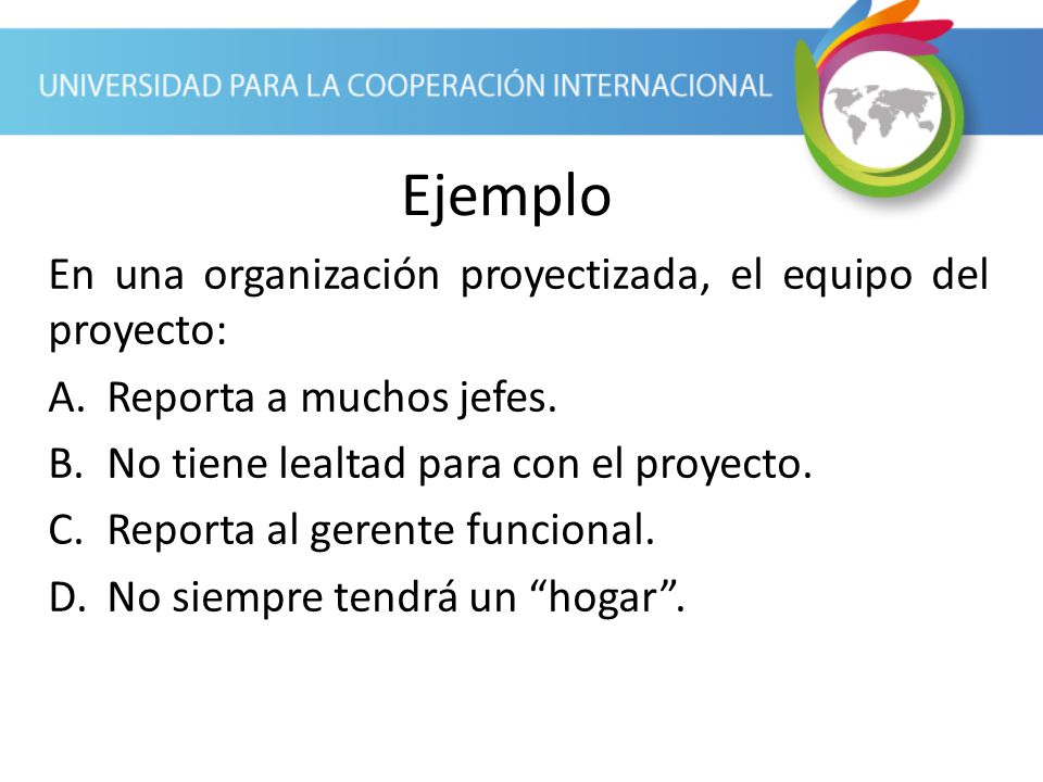 Ejemplo En una organización proyectizada, el equipo del proyecto: