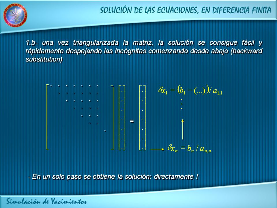 1.b- una vez triangularizada la matriz, la solución se consigue fácil y rápidamente despejando las incógnitas comenzando desde abajo (backward substitution)