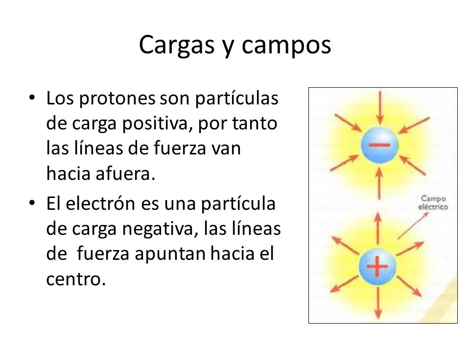 Cargas y campos Los protones son partículas de carga positiva, por tanto las líneas de fuerza van hacia afuera.