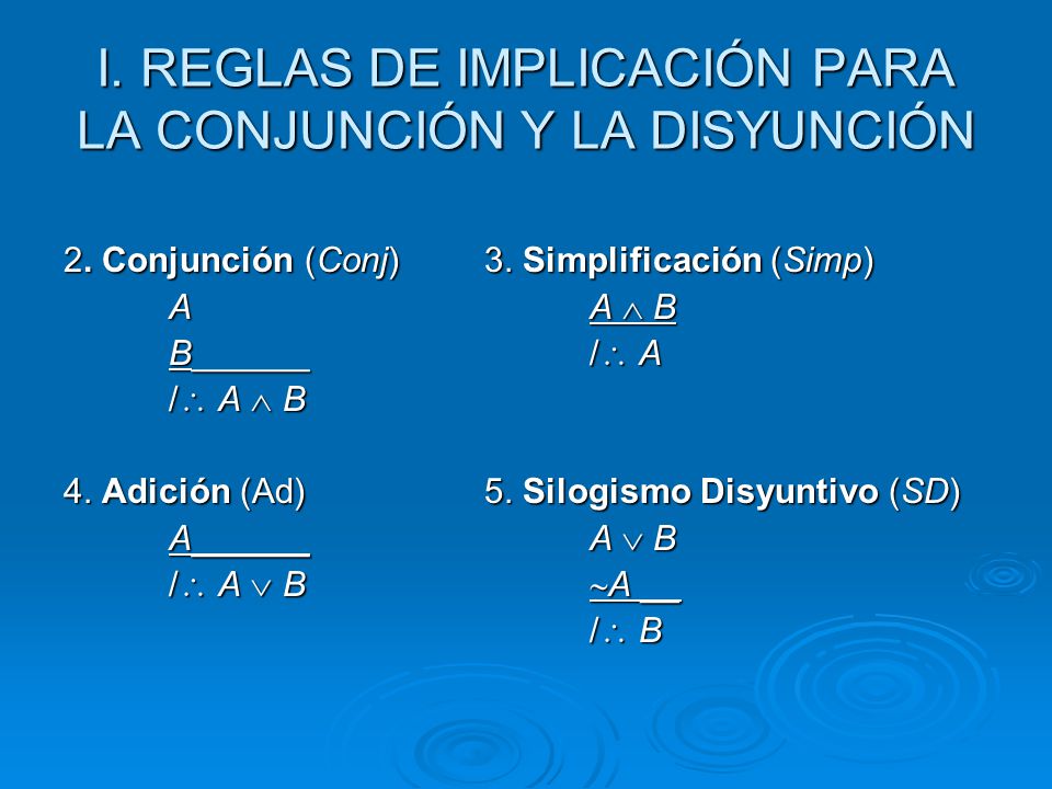 I. REGLAS DE IMPLICACIÓN PARA LA CONJUNCIÓN Y LA DISYUNCIÓN