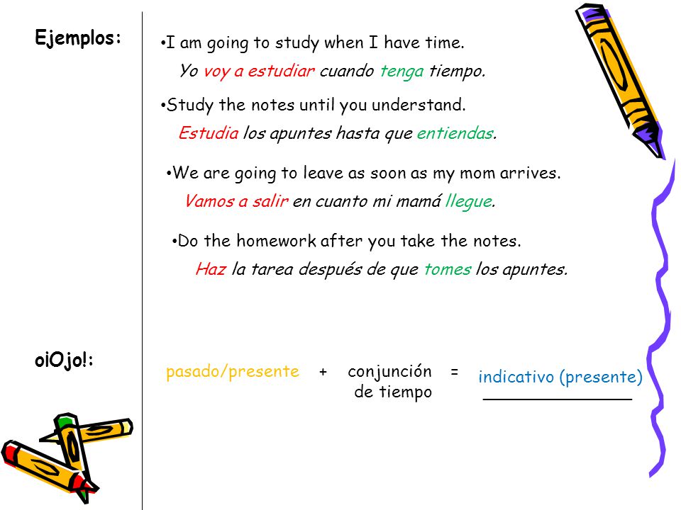 Ejemplos: o¡Ojo!: I am going to study when I have time.