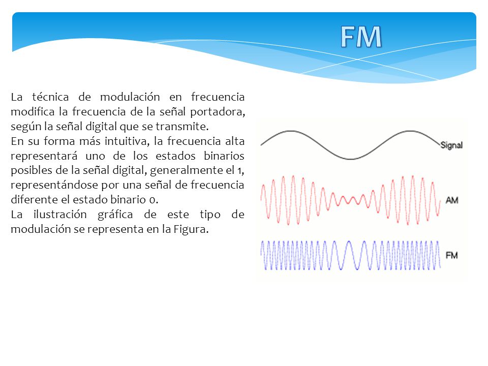 FM La técnica de modulación en frecuencia modifica la frecuencia de la señal portadora, según la señal digital que se transmite.