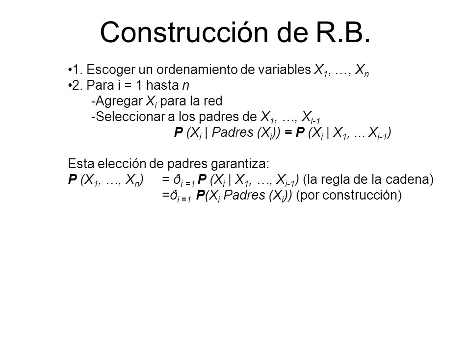 P (Xi | Padres (Xi)) = P (Xi | X1, ... Xi-1)