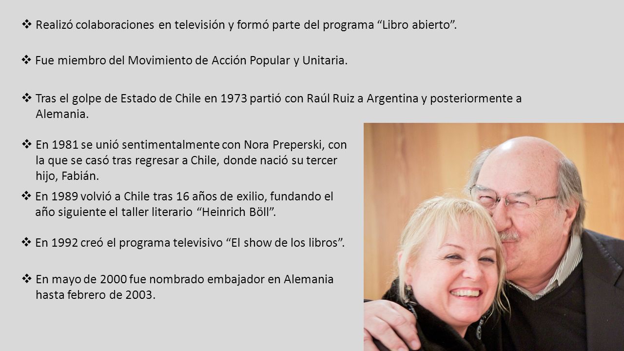 Realizó colaboraciones en televisión y formó parte del programa Libro abierto .