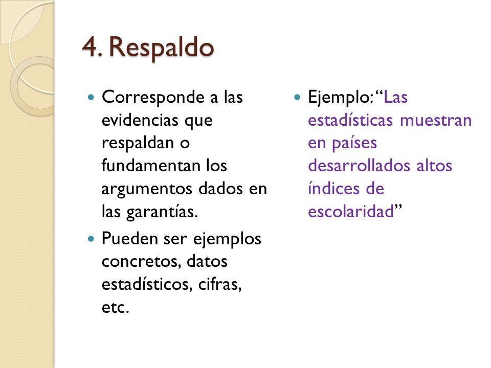 4. Respaldo Corresponde a las evidencias que respaldan o fundamentan los argumentos dados en las garantías.