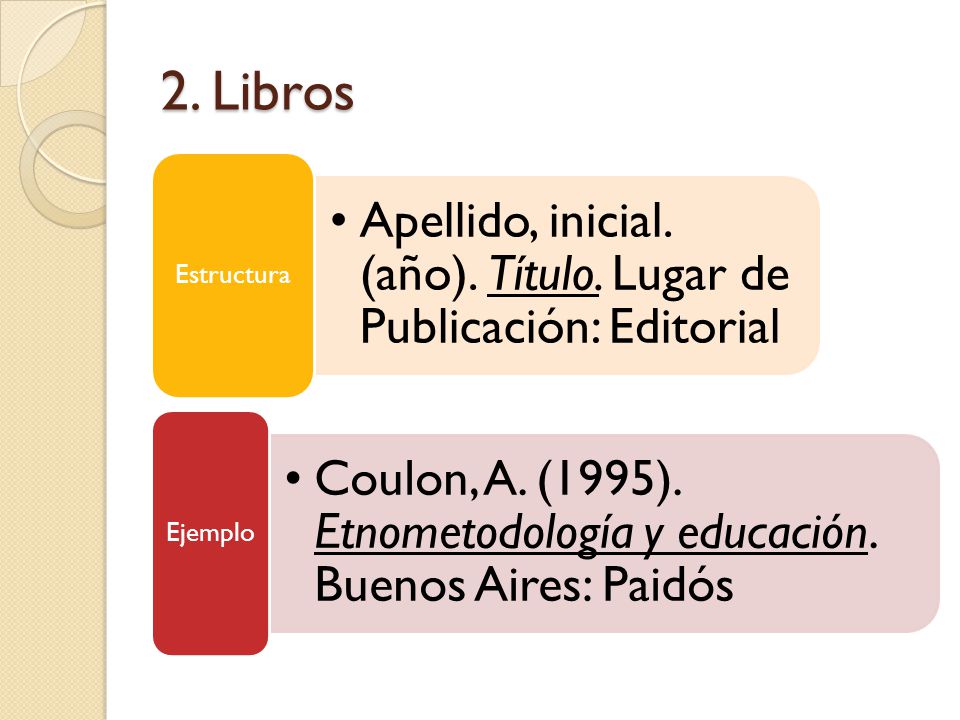 2. Libros Apellido, inicial. (año). Título. Lugar de Publicación: Editorial. Estructura.