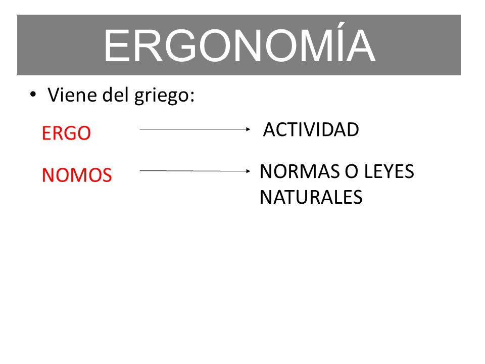 ERGONOMÍA Viene del griego: ACTIVIDAD ERGO NORMAS O LEYES NATURALES