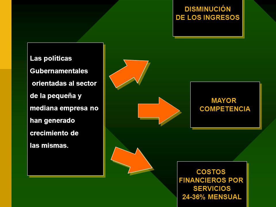 DISMINUCIÓN DE LOS INGRESOS. Las políticas. Gubernamentales. orientadas al sector. de la pequeña y.