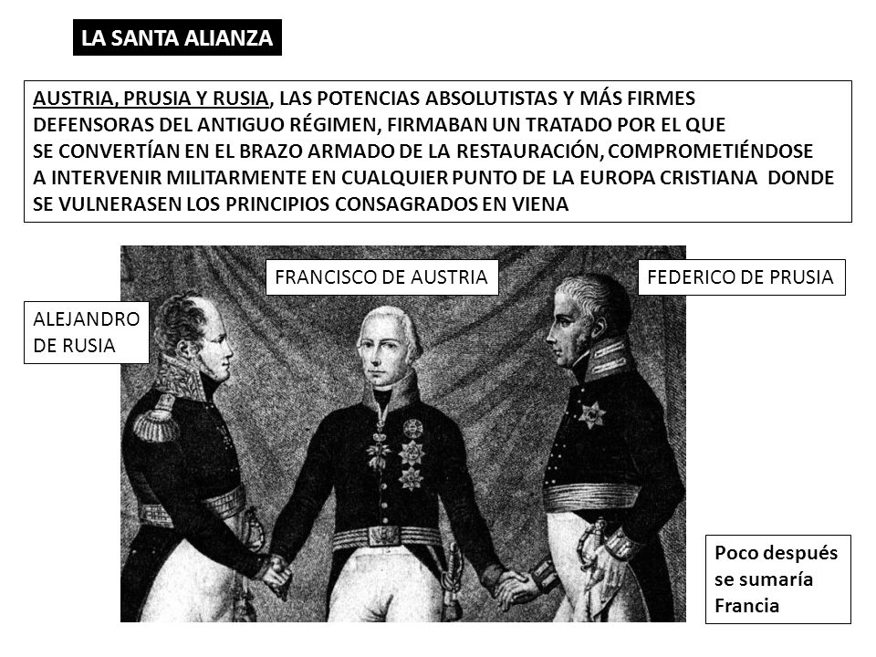 LA SANTA ALIANZA AUSTRIA, PRUSIA Y RUSIA, LAS POTENCIAS ABSOLUTISTAS Y MÁS FIRMES. DEFENSORAS DEL ANTIGUO RÉGIMEN, FIRMABAN UN TRATADO POR EL QUE.
