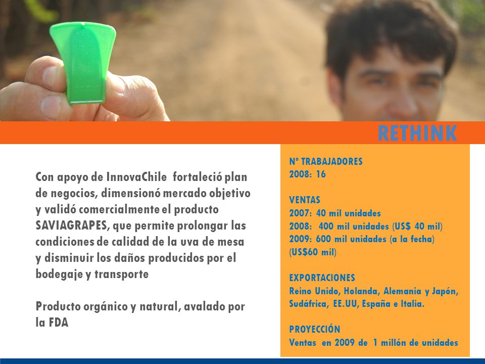 RETHINK Nº TRABAJADORES. 2008: 16. VENTAS. 2007: 40 mil unidades. 2008: 400 mil unidades (US$ 40 mil)