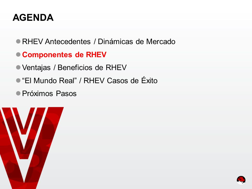 AGENDA RHEV Antecedentes / Dinámicas de Mercado Componentes de RHEV