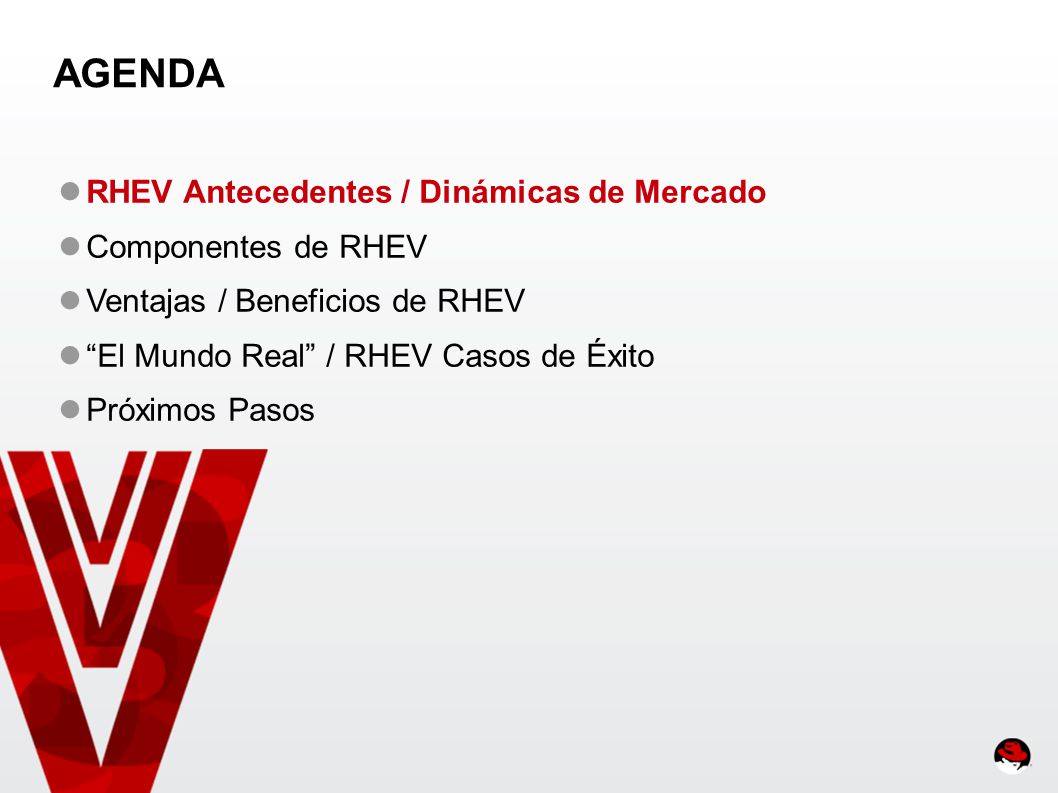 AGENDA RHEV Antecedentes / Dinámicas de Mercado Componentes de RHEV