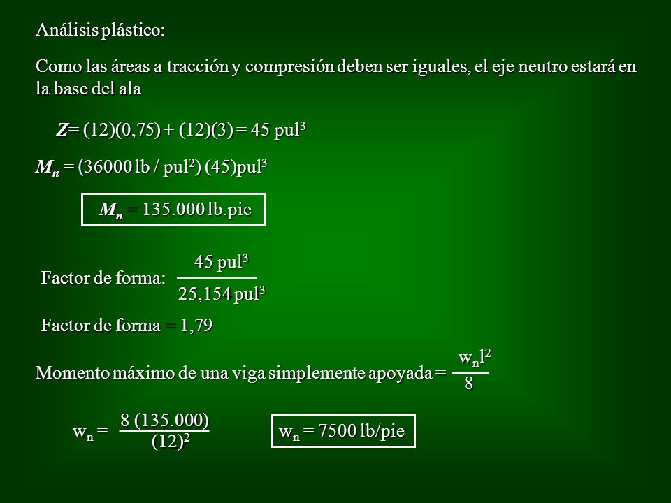 Análisis plástico: Como las áreas a tracción y compresión deben ser iguales, el eje neutro estará en la base del ala.